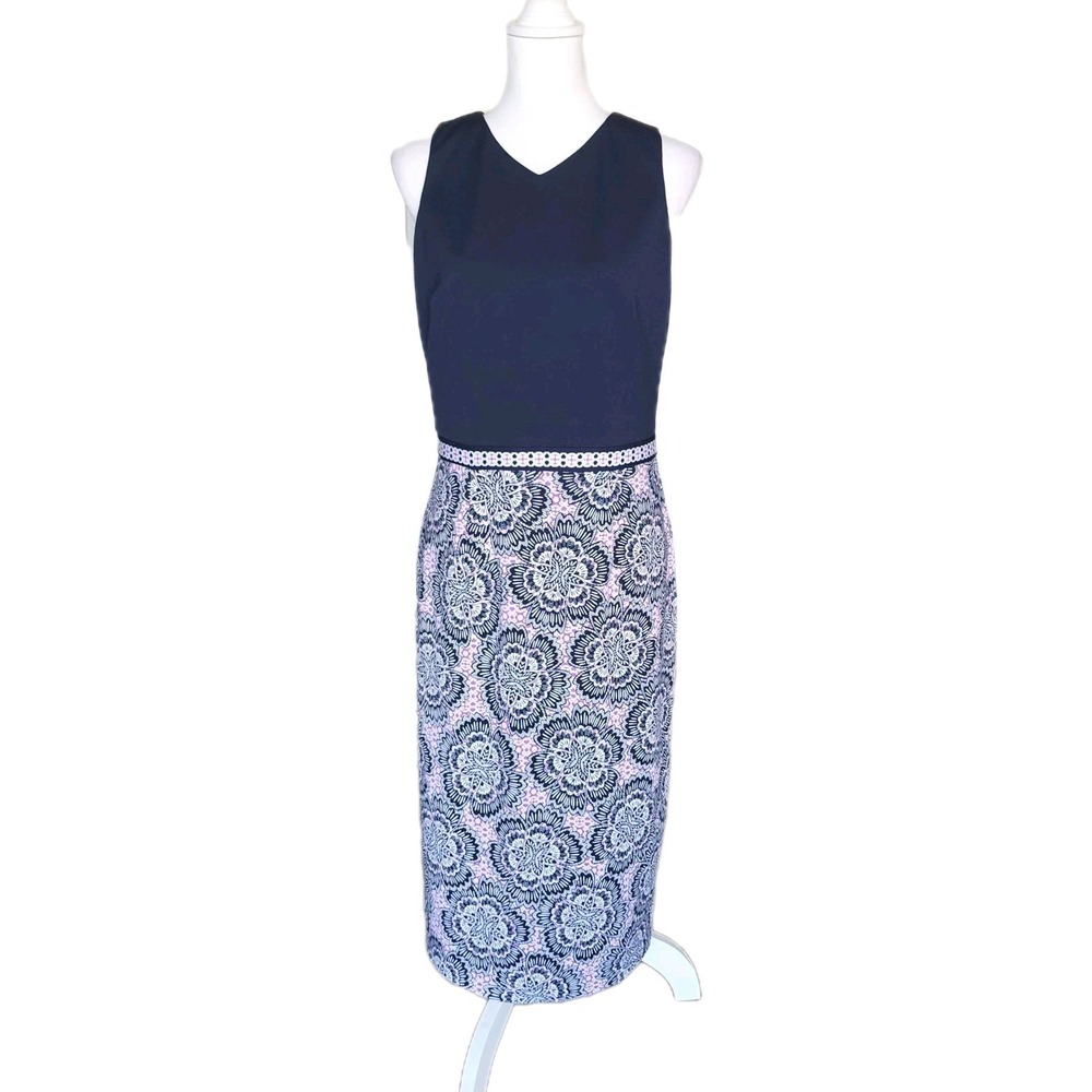 Maggy London Navy and Pink Lace-Print Midi Dress
